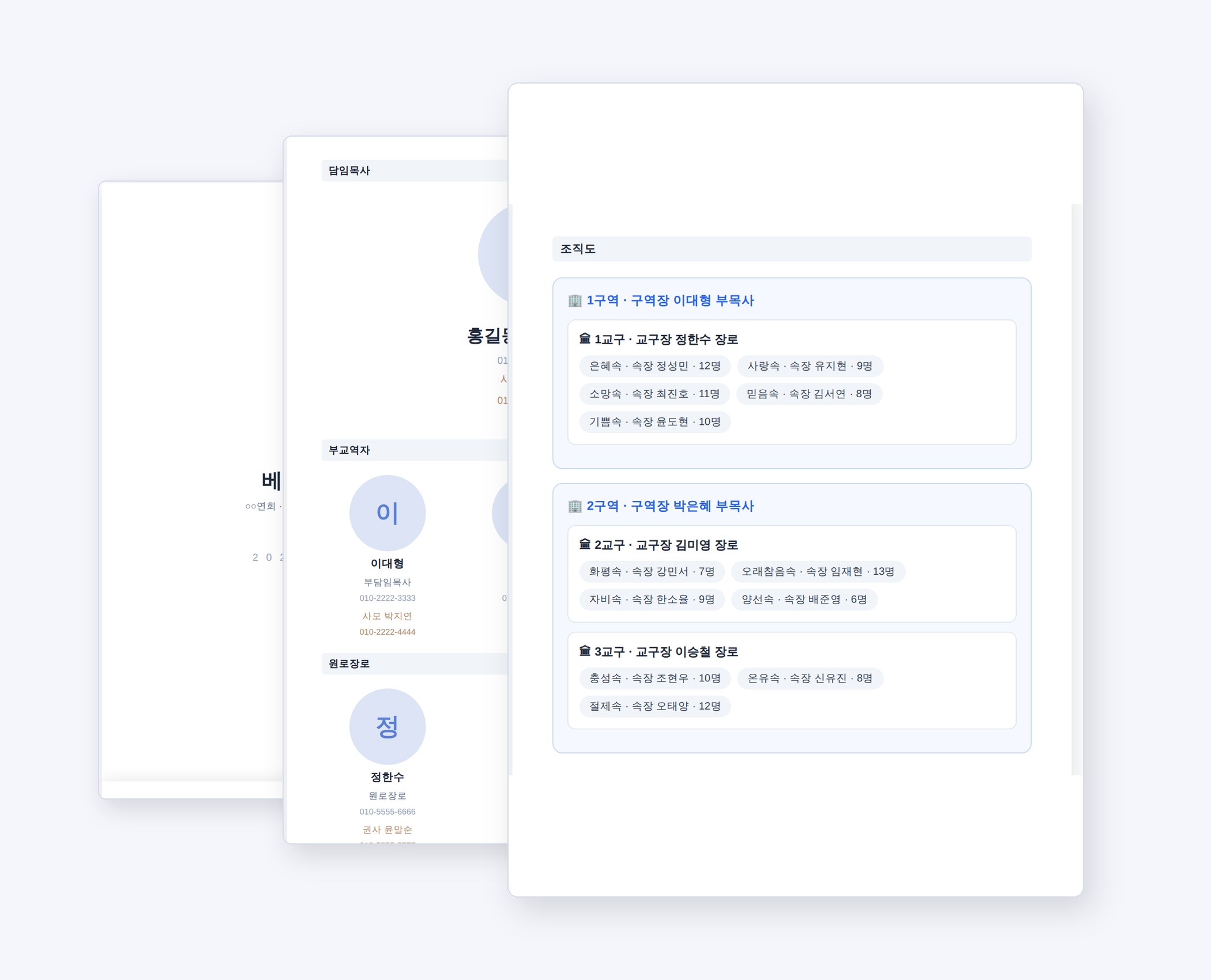자동으로 만들어진 교회요람 — 표지 · 교역자 명단 · 조직도